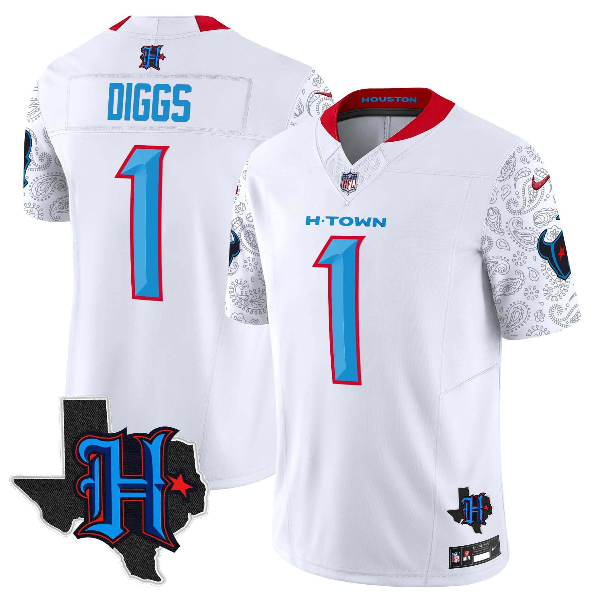 Men Houston Texans #1 Diggs White 2024 Nike Texas Patch Vapor Limited NFL Jersey